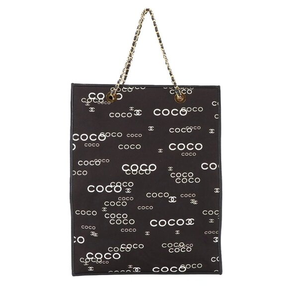 CHANEL Coco Logos Chain Tote Bag Canvas Leather Black White Vintage 90280662 - Picture 1 of 11
